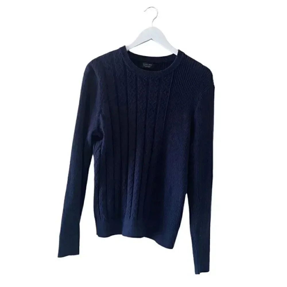 Zara Men Navy Knit Crewneck Long Sleeves Classic Cozy Warm Sweater SZ M  # 1028